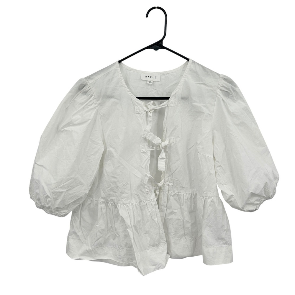 Coquette White Tie Front Babydoll Top Medium Puff‎ Sleeve Peplum Cottagecore - Picture 2 of 10
